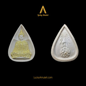 Phra Keaw / Amulet Phật Ngọc hình lá sen (hoặc hình giọt nước) phiên bản mùa đông – BE. 2530 (1987) – Dát vàng hình Đức Phật